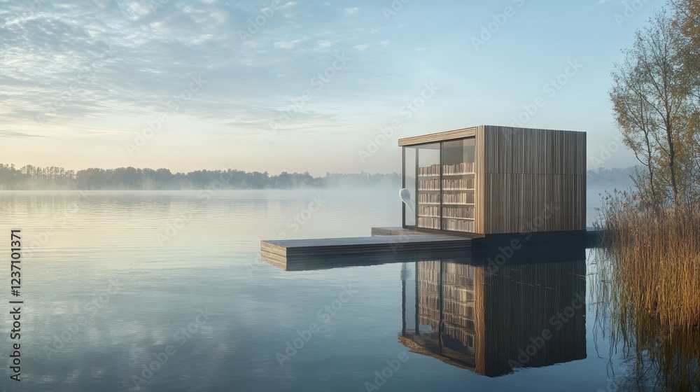 Fototapeta premium Lakeside Wooden Library Structure Calm Water Reflection