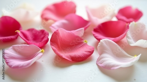 Flower petals, colorful and delicate, scattered across a surface, soft natural lighting, fresh, romantic, and serene atmosphere