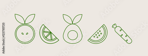 Hand drawn illustration. Organic fruit, vegetable, fish, seafood, apple, carrot, avocado, watermelon. Abstract geometric line background. Gold luxury  Healthy Food pattern