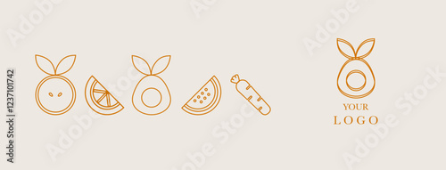 Hand drawn illustration. Organic fruit, vegetable, fish, seafood, apple, carrot, avocado, watermelon. Abstract geometric line background. Gold luxury  Healthy Food pattern