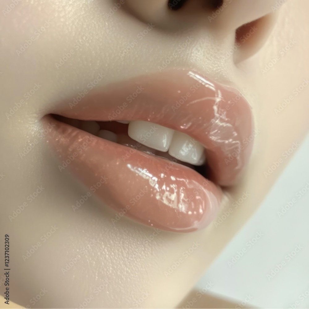 Fototapeta premium Close-up of lips with beige-pink glossy lipstick, soft shine enhancing the natural beauty and smooth texture