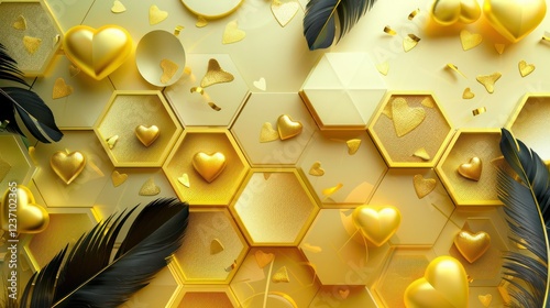 Neon yellow hexagon patterns, gradient from pale yellow to gold, gold pearls, yellow hearts, and black feathers