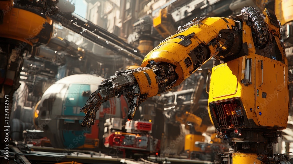 A Yellow Robotic Arm in a Futuristic City Setting A Yellow Robotic Arm in a Futuristic City Setting