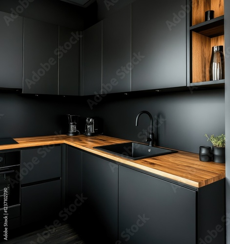 Minimalist Black Kitchen with Wooden Countertop, Matte Black Cabinets, Sink, and Faucet - Modern and Sleek Interior Design photo