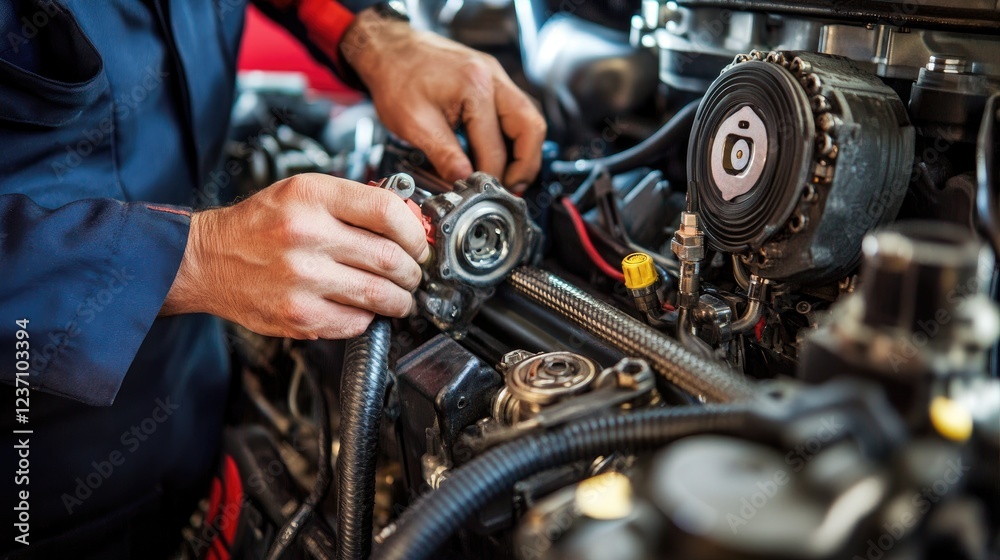 Mechanic repairing a vehicle engine component Mechanic repairing a vehicle engine component