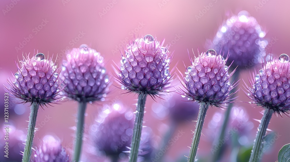 Fototapeta premium Dew-Kissed Purple Flowers: A Symphony of Serenity