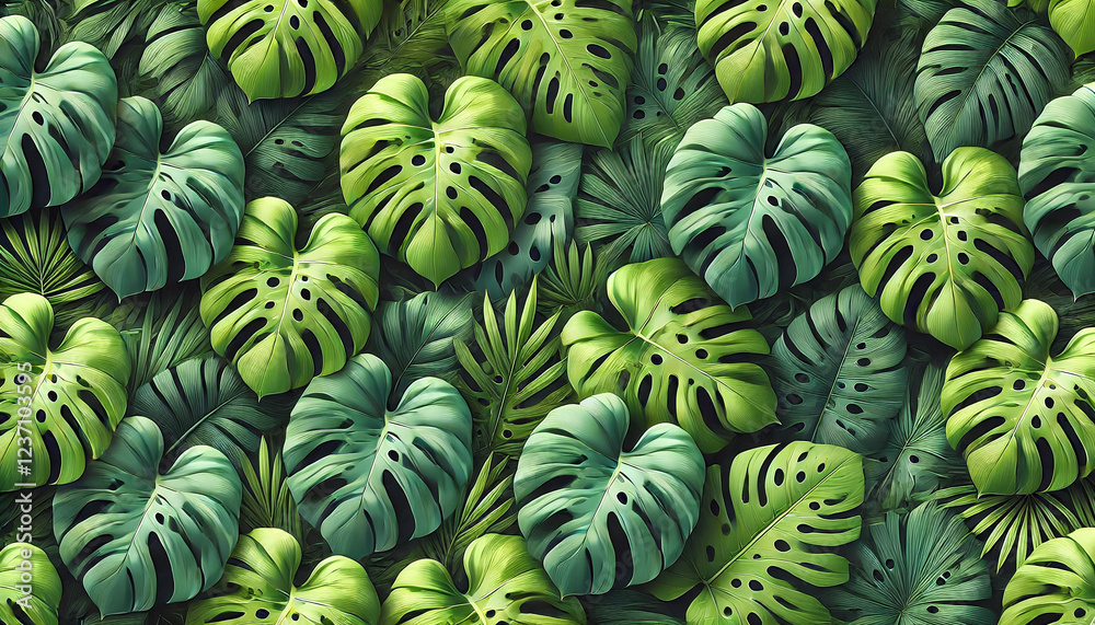 Green monstera leaves. Flat lay, dark nature concept, tropical leaf. Design. Cover. Wallpaper. Green monstera leaves. Flat lay, dark nature concept, tropical leaf. Design. Cover. Wallpaper.