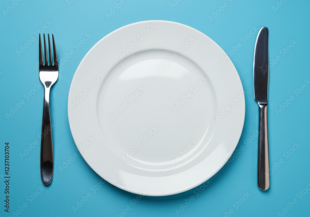 top view Empty plate, fork and knife on blue background. Generative Ai. top view Empty plate, fork and knife on blue background. Generative Ai.