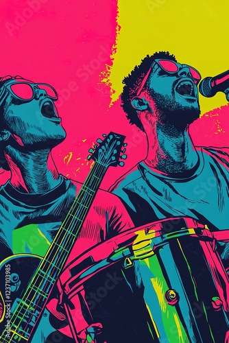 Vibrant illustration of two musicians passionately performing, one on guitar, the other singing, set against a bold, colorful background.