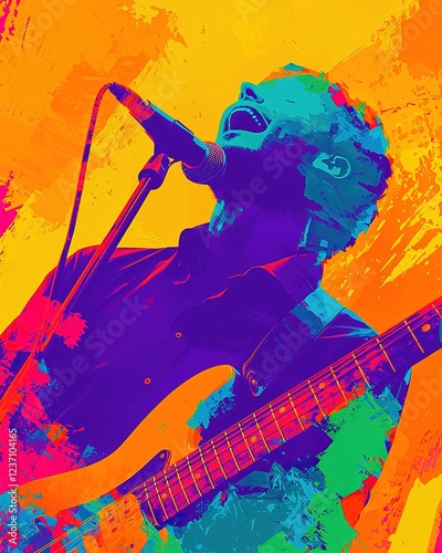 A vibrant, artistic portrayal of a musician passionately singing into a microphone while playing an electric guitar.