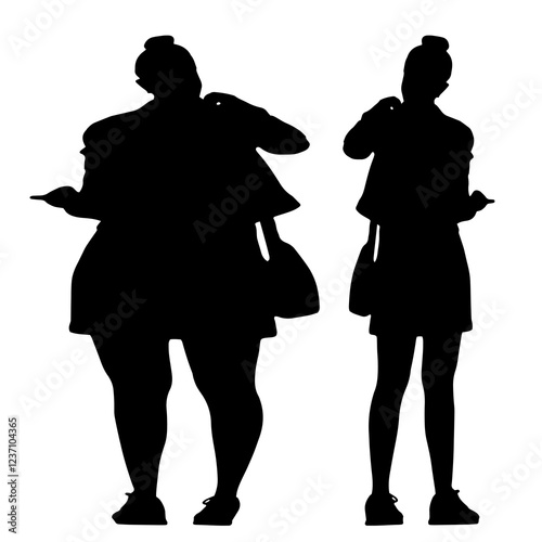 Conceptual fat overweight obese female vs slim fit healthy body after weight loss or diet on white background. A  fitness, nutrition or obesity, health shape illustration vector as silhouettes