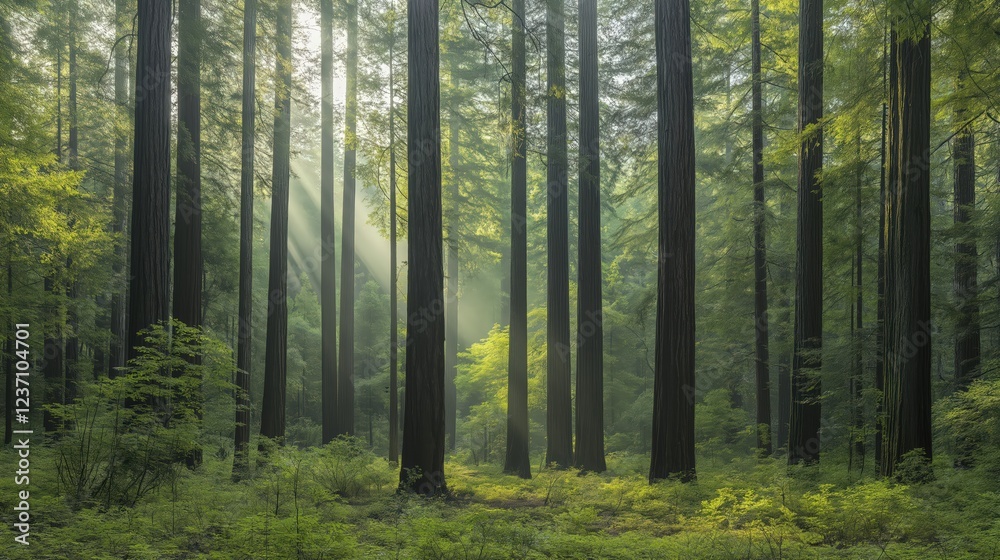 Obraz premium Sunlit Green Forest Misty Morning Sunlight Beams Through Tall Trees