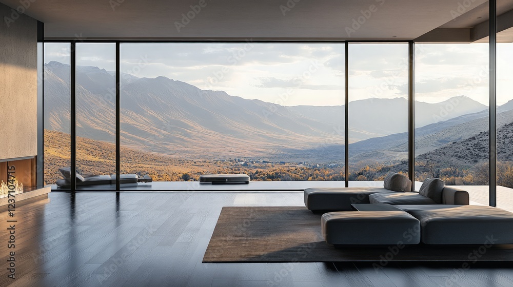 Fototapeta premium Modern Minimalist Living Room with Scenic Mountain View