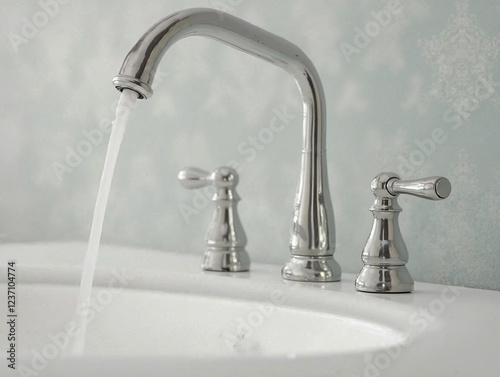 Sleek Silver Faucet with Ornate Handles in Minimalist White Sink with Blue Textured Background and Flowing Water photo