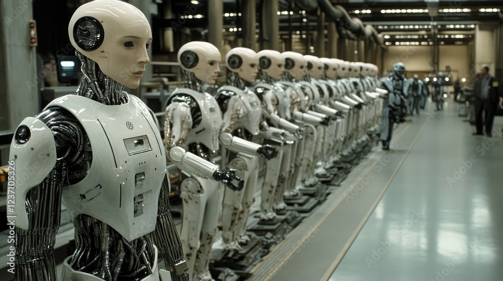 Fototapeta premium A row of humanoid robots stands in a factory setting