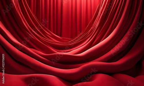 Elegant red fabric drapes create a luxurious and theatrical backdrop with smooth texture