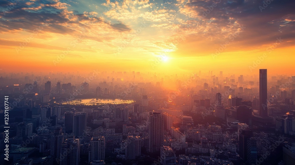 Fototapeta premium Sunset over a City Skyline with Buildings and Urban Landscape