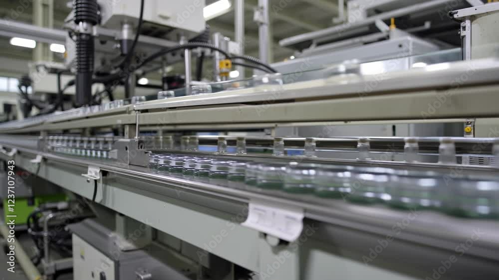 Glass containers moving on factory conveyor, highlighting precision of automated packaging workflow in contemporary manufacturing environment Glass containers moving on factory conveyor, highlighting precision of automated packaging workflow in contemporary manufacturing environment