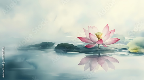 Fototapeta Naklejka Na Ścianę i Meble -  Serene lotus blossom: a delicate pink lotus flower in full bloom, gracefully floating on tranquil water, captured in a serene watercolor painting. Watercolor Harmony. Illustration