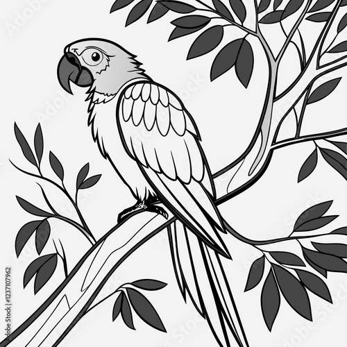 Black and white drawing of a parrot on a branch