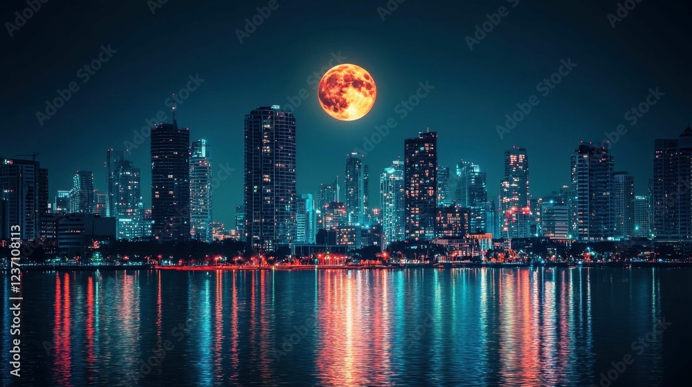 Fototapeta premium Stunning Night Cityscape with Full Moon Over Reflected Skyline