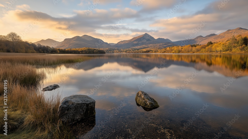Fototapeta premium Serene Autumn Lake Sunrise Mountain Reflection Landscape