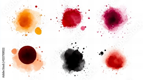 Fototapeta Naklejka Na Ścianę i Meble -  Abstract watercolor paint splatters in vibrant hues.  A collection of colorful blots and splashes.