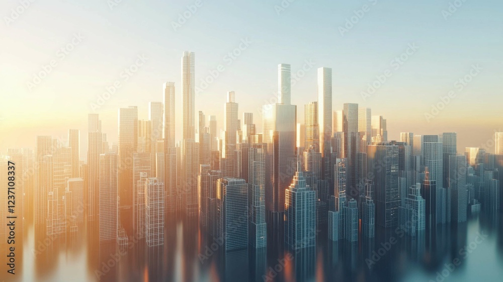 Fototapeta premium Modern Urban Skyline at Sunset with Reflections on Water