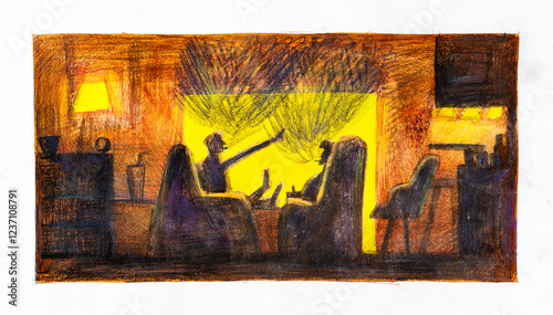 hand-drawn men talk in armchairs near fireplace