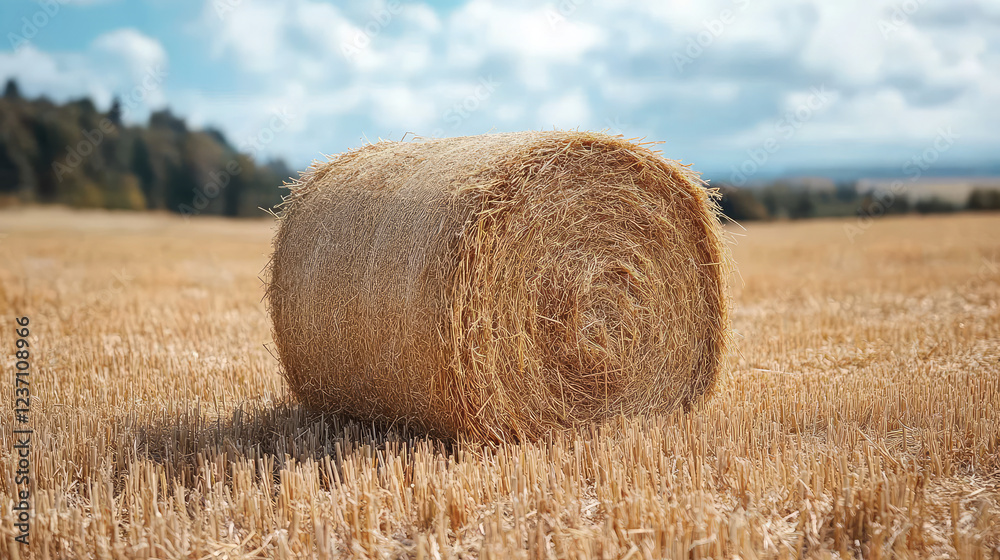 Golden hay bales scattered across a summer field Golden hay bales scattered across a summer field