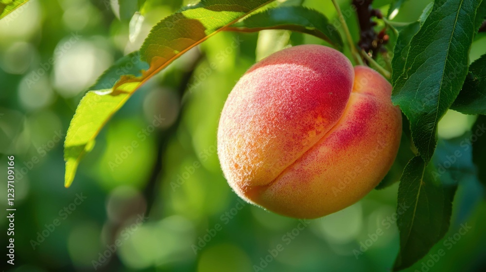 Obraz premium Fresh Juicy Peach Hanging on Tree Branch in Bright Green Garden