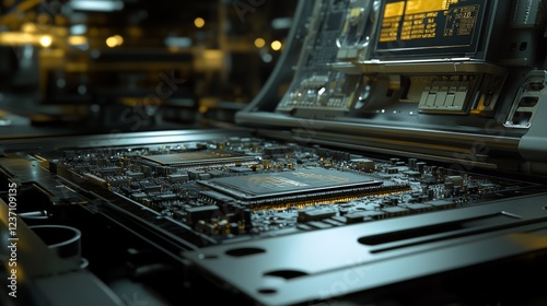 A close-up image of a unbranded circuit board being made in a dark factory. It has electronic parts like chips and other components on it.