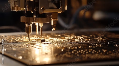 A close-up image of a unbranded circuit board being made in a dark factory. It has electronic parts like chips and other components on it.