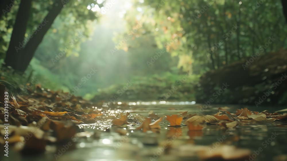 Fototapeta premium Autumn Forest Stream Sunlight Dappled Leaves Peaceful Scene
