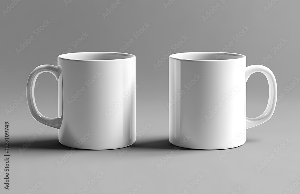 Two blank white coffee mugs on gray background. Two blank white coffee mugs on gray background.