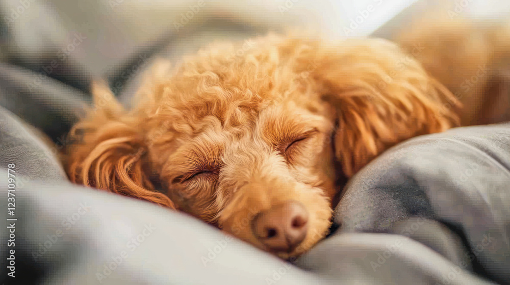 Red poodle relaxing peacefully on soft blanket indoors Red poodle relaxing peacefully on soft blanket indoors