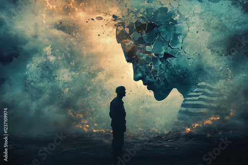 Reflecting inner turmoil amidst a war-torn landscape in a surreal visualization