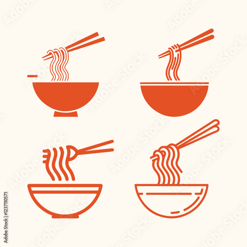 Noodles icon set bowl of noodles with chopsticks, chinese and asian traditional cuisine logo illustration