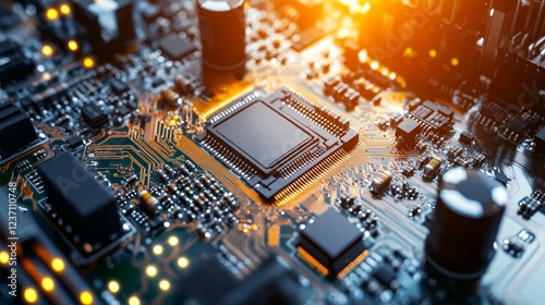 A machine places components on a circuit board quickly and automatically. This is done in a well-lit factory where electronics and circuit boards are made.