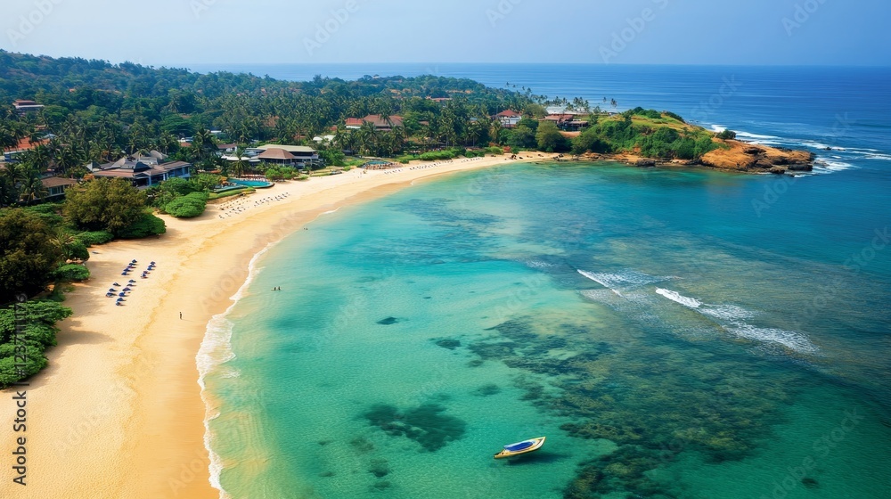Fototapeta premium A bird's-eye view of Unawatuna beach in Sri Lanka, with its crystal-clear waters and golden sands.