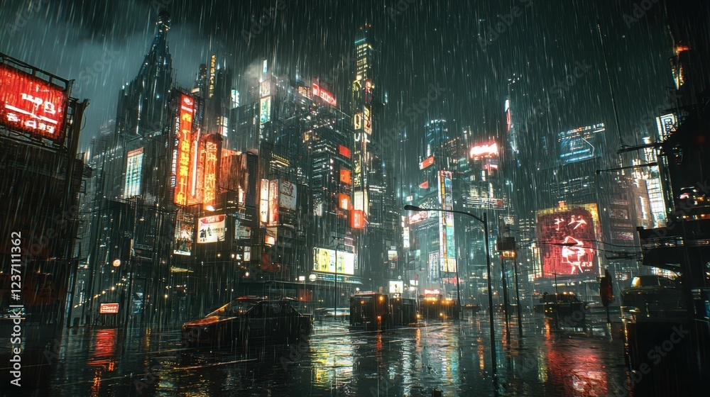 Fototapeta premium Neon Cityscape at Night with Rain and Reflections Under Lights
