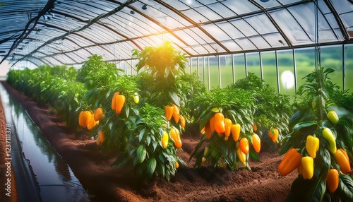 gemuse paprika orange im gewachshaus aus glas hintergrund photo