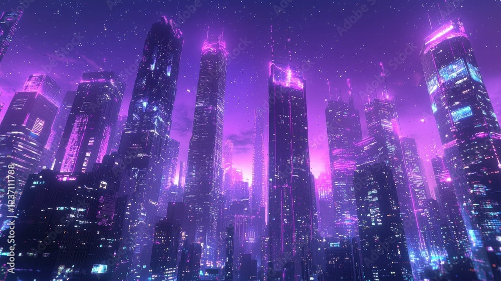 Fototapeta premium Futuristic Cityscape at Night with Neon Lights and a Purple Glow