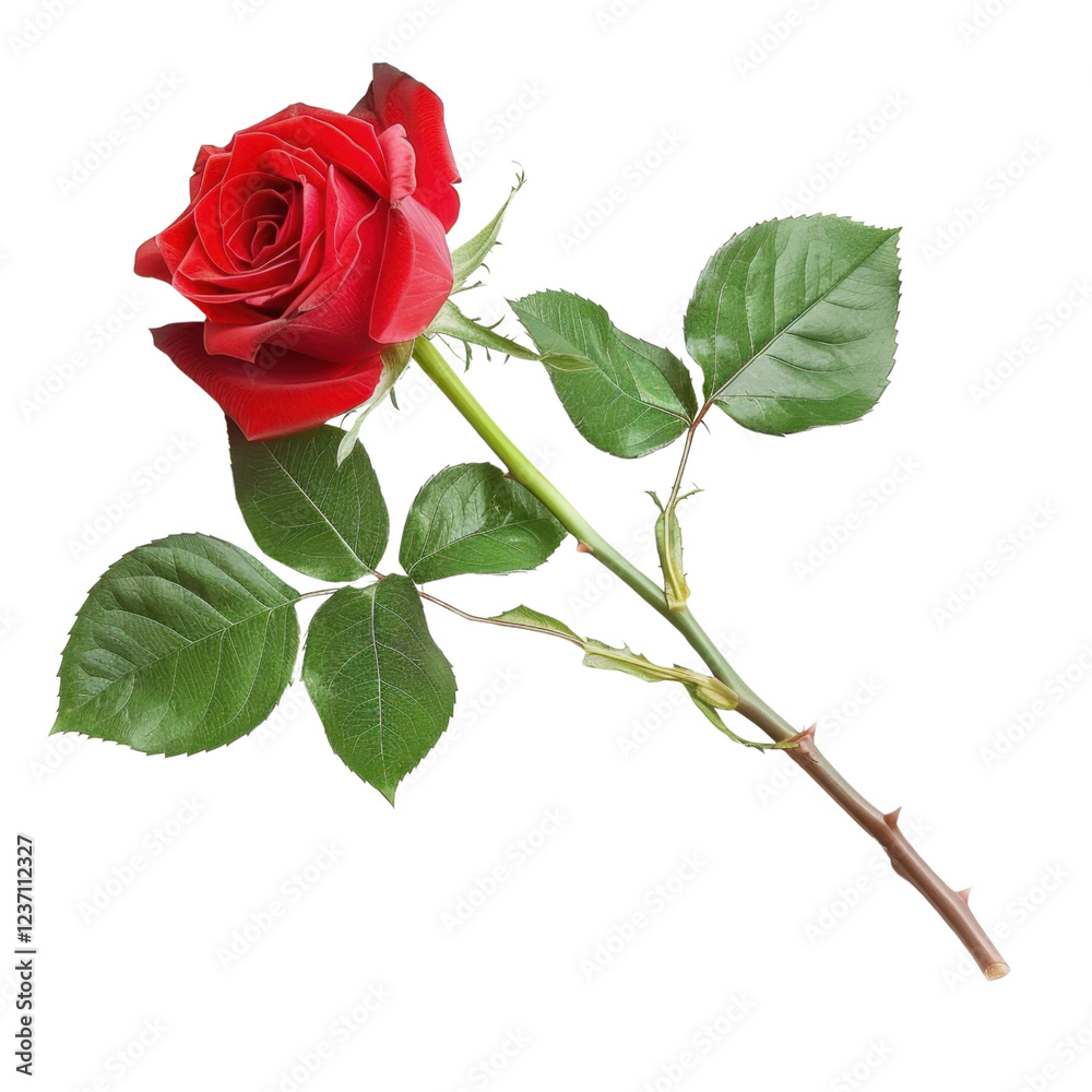 Fototapeta premium vibrant red rose with lush green leaves, symbolizing love and beauty, perfect for romantic occasions or floral arrangements