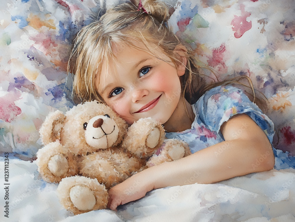Young Girl Cuddling a Teddy Bear in a Cozy Bedroom Setting During the Day