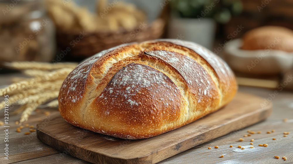 Freshly baked bread with golden wheat in the background Freshly baked bread with golden wheat in the background