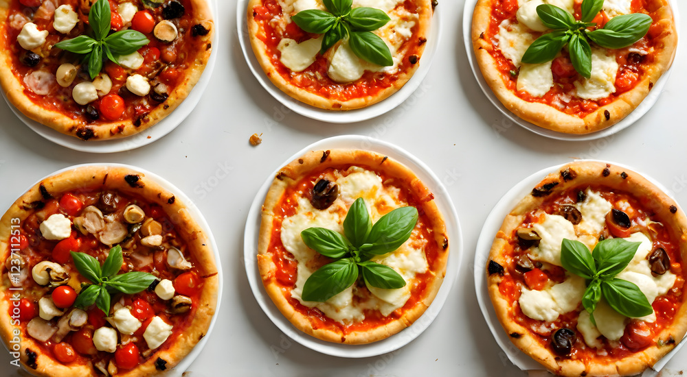 Aerial view of a variety of Neapolitan pizzas with fresh basil, arugula, ham, cherry tomatoes, mozzarella, mushrooms and cheese. The crust is golden brown and served on a white plate.