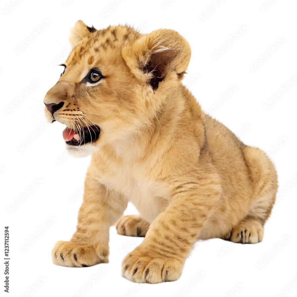 Obraz premium Adorable Lion Cub Sitting isolated on white background as transparent. PNG.AI GENERATED