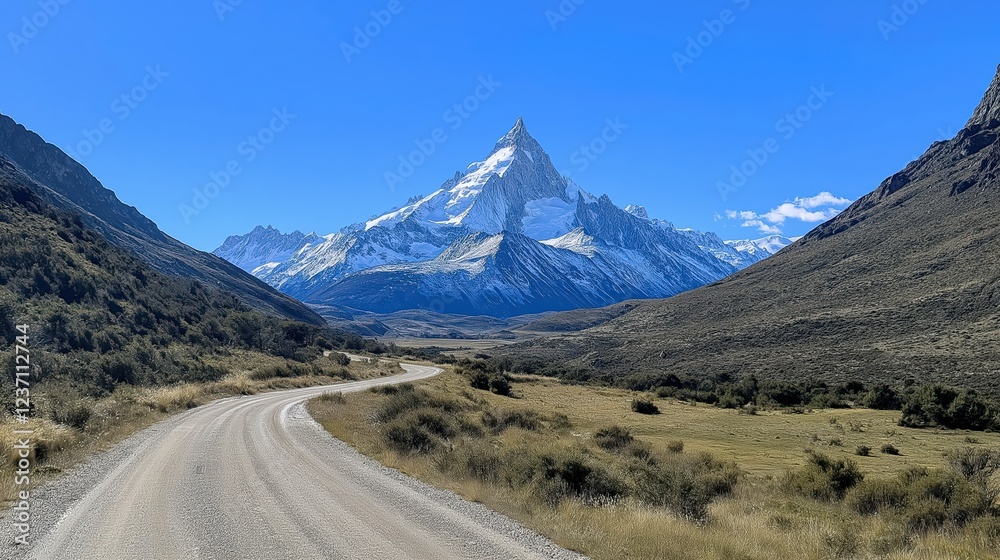 Snow Capped Mountain Peak Viewed From a Gravel Road Snow Capped Mountain Peak Viewed From a Gravel Road