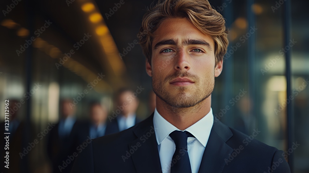 Naklejka premium Confident Young Professional Stands in a Modern Office Setting While Colleagues Blur in the Background During a Busy Workday